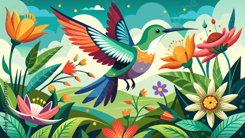 Very beautiful hummingbird (Kolibri) gracefully hovering near a vibrant flower, wings shimmering in sunlight, capturing a delicate moment of nature’s elegance and vivid color harmony in a peaceful gar