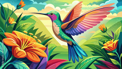 Very beautiful hummingbird (Kolibri) gracefully hovering near a vibrant flower, wings shimmering in sunlight, capturing a delicate moment of nature’s elegance and vivid color harmony in a peaceful gar