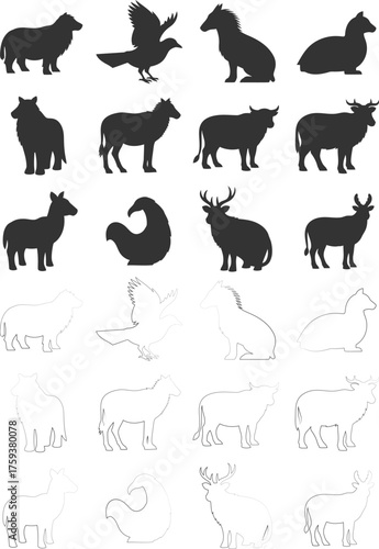 Vector art of silhouette collection of farm animals, featuring sheep, birds, horses, cows, donkeys, deer, and chickens in black and white silhouette