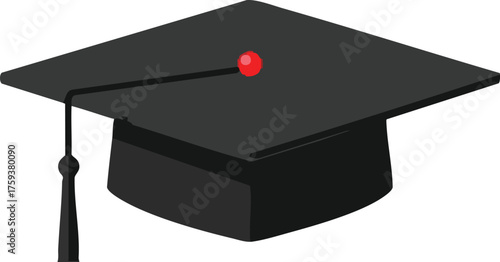 Graduation cap with tassel and red button on top, isolated on white background.