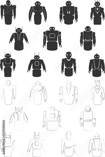 Vector art of collection of robot silhouettes, showcasing various designs and styles, from simple to more complex, in both solid and outline forms silhouette