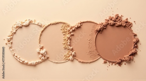 Crushed cosmetic face powder swatches in various nude skin tones on a beige background.