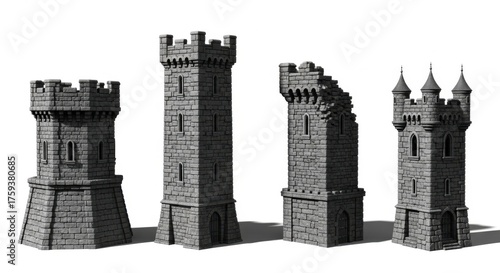 Gray Castle Towers Set on White Background Medieval Fortress Elements for Gaming or Animation
