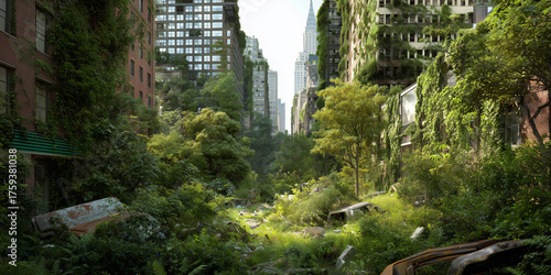 Post-apocalyptic new york city overgrown with lush vegetation