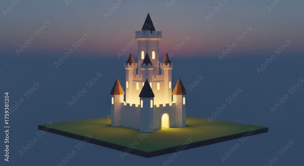Naklejka premium Whimsical Castle Toy Model Illuminated at Dusk on Green Base