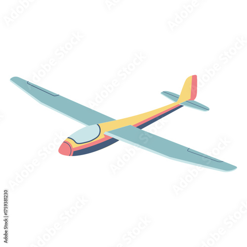 Colorful glider airplane flying high in sky, suitable for aviation, sport, freedom, and travel-related creative design concepts.
