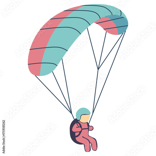Colorful parachute with person flying down, symbolizing freedom, adventure, sport, and sky activities in minimal vector design.
