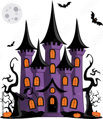 Purple Halloween Witch Castle Vector Illustration, Spooky Haunted Mansion with Bats, Moon, Pumpkins, and Twisted Trees