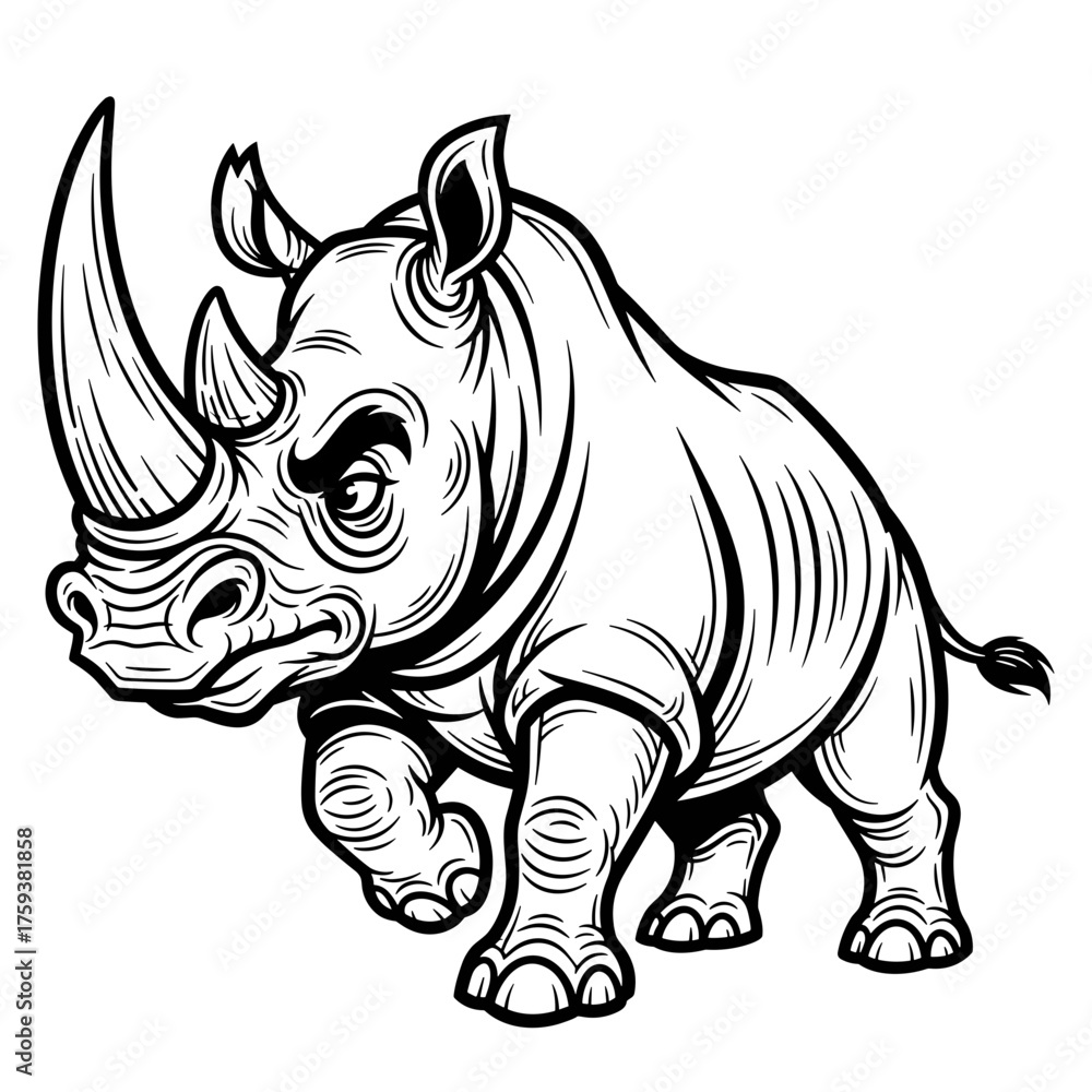Obraz premium Rhinoceros illustration walking in a detailed black and white style 