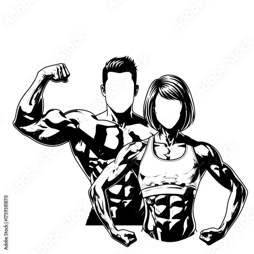 Muscular man and woman posing in black and white