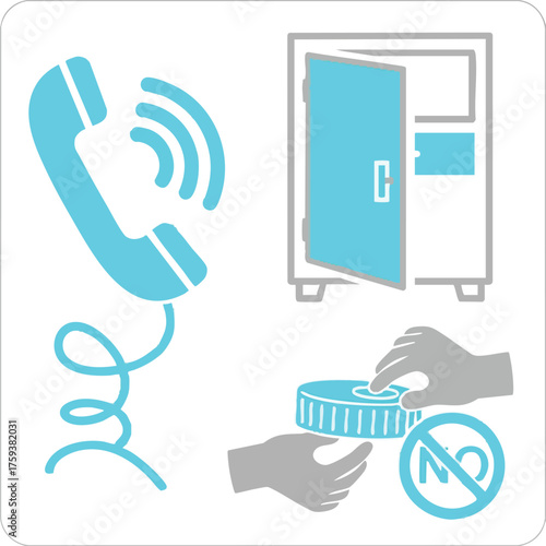 Graphic illustrating phone call warnings, an open safe, and a refusal to give money, symbolizing scam prevention and security.