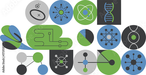 Colorful Abstract Featuring Science and Technology Icons in Circles and Geometric Shapes