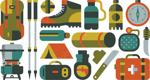 Colorful Arrangement of Backpacking Equipment, Camping Gear, First Aid and Navigation Tools