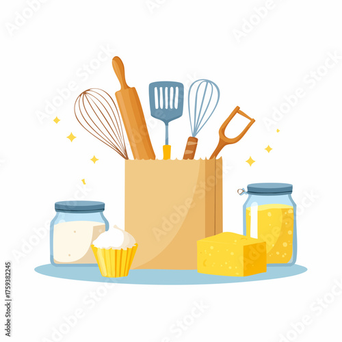 Baking ingredients. Tools, utensils set. Kitchen supplies, bakery stuff for cooking cake. Flour bag, sugar, oil, butter, mixer, whisk.