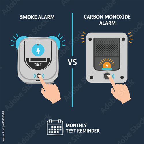 Comparison of a smoke alarm versus a carbon monoxide alarm with a monthly test reminder infographic.