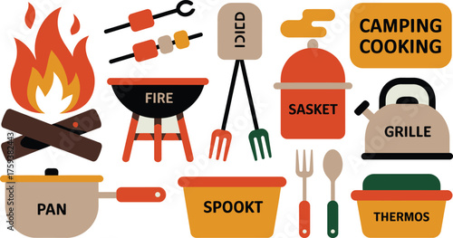 Colorful Camping Cooking Featuring Fire, Grille, Pan, Spookt, Sasket, Thermos, and Skewers Illustration