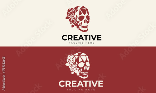 skull flowers logo design vector illustration, red and cream color skull with flower logo design, skull logo design, brand logo design vector illustration, unique logo design, skull, flowers, flower, 