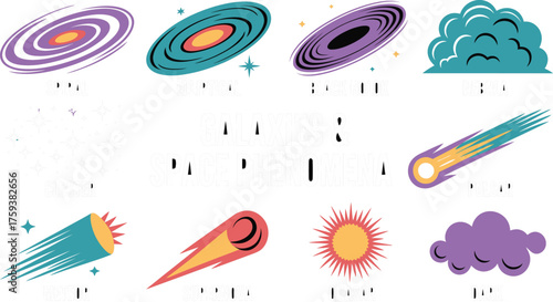 Colorful Cartoon Illustration of Different Galaxy Types, Space Phenomena Including Pulsar and Black Hole