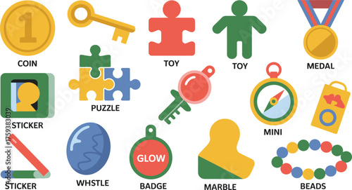 Colorful Educational Icons Depicting Toys, Coin, Puzzle, Medal, Sticker, Whistle, Badge, Marble, and Beads