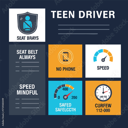 Infographic illustrating safe driving practices for teen drivers, emphasizing seat belts, avoiding phone use, speed control, and curfews.
