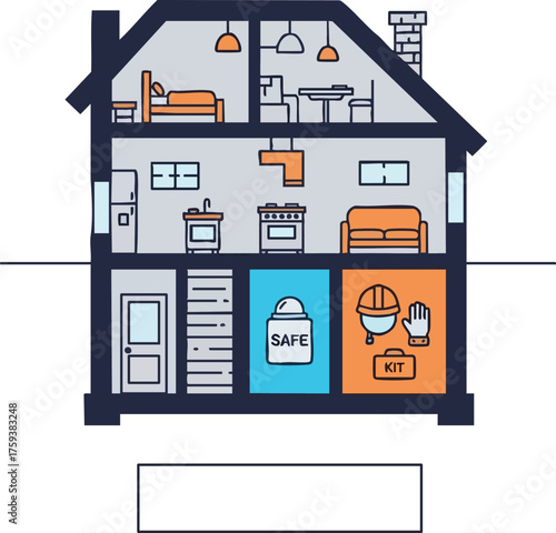 Cutaway view of a house with a basement highlighting a safe and an emergency preparedness kit.