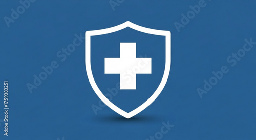 White shield with a cross in the center on a blue background, symbolizing protection, security, and health