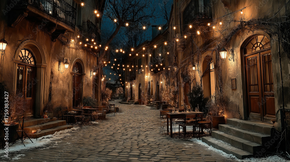 Obraz premium A charming narrow cobblestone alley decorated for the holidays