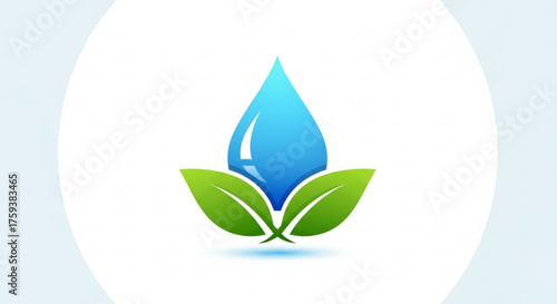 Water drop logo with green leaves for environmental protection and natural resource conservation concept