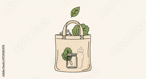 Illustration of a reusable shopping bag filled with fresh produce and a glass jar for ecofriendly lifestyle