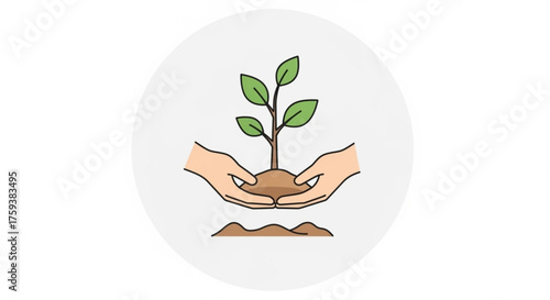 Illustration of hand holding a seedling, representing environmental conservation and sustainable development for future