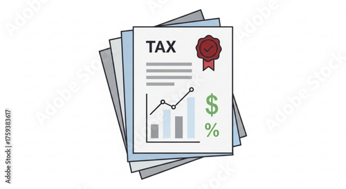 Illustration of tax documents with chart and symbols, representing financial reporting and compliance for business