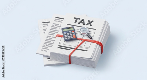 Illustration of tax documents with calculator and magnifying glass, representing financial analysis and compliance for business
