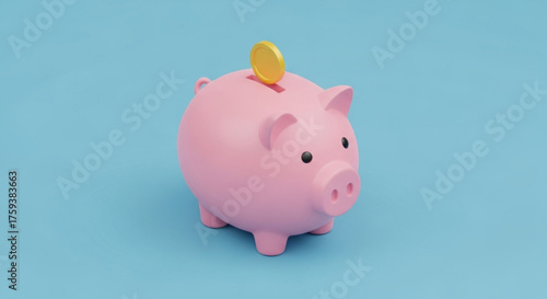 A pink piggy bank with a gold coin being inserted into the slot, symbolizing savings, investment, and financial planning for the future