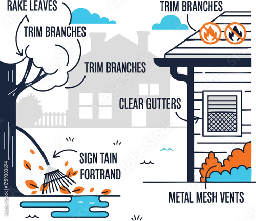 Image detailing fall home maintenance tasks, including raking leaves and trimming branches.