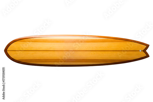 Vintage wooden fish tail surfboard for summer water sports isolated on a transparent background