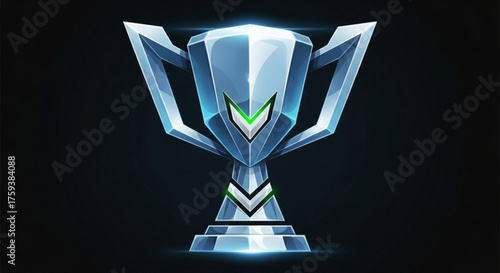 Silver trophy cup with green accents, a symbol of victory and achievement in gaming, esports, and competition, shining against a dark backdrop