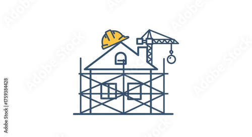 Illustration of a house under construction with scaffolding and a crane, , symbolizing home improvement