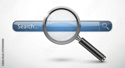 Magnifying glass over a search bar on a, symbolizing online search, information retrieval, and the quest for knowledge