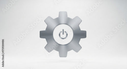 Silver cogwheel with power button representing settings, configuration, and system control for technology and industry