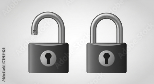 Open and closed black padlocks, symbolizing security, privacy, and access control in digital and physical realms