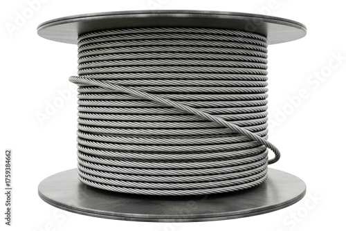 Industrial spool of heavy-duty braided steel wire rope cable isolated on a transparent background