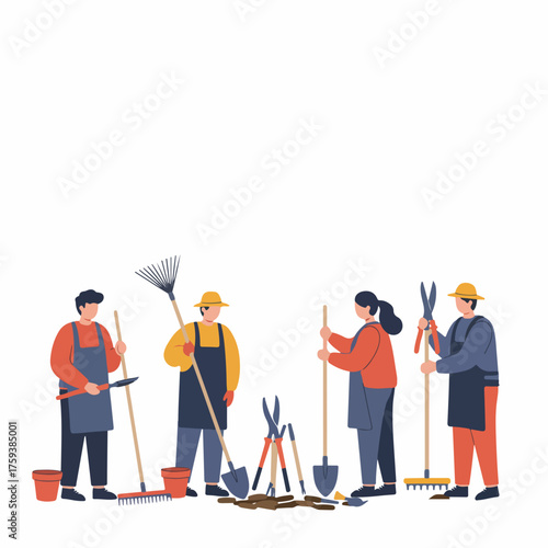 Minimalist Flat Illustration of Teamwork Gardening Tools and Equipment Preparation