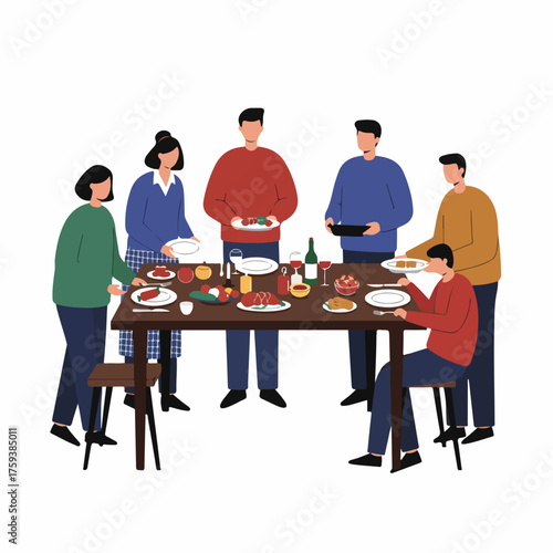 Flat Illustration People Gathering Around Dining Table Enjoying Meal Together