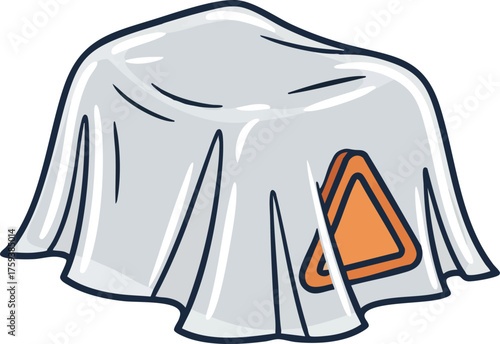 A mysterious object concealed under a gray cloth, with an orange triangle peeking out from underneath.