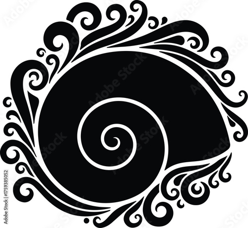 Vector Seashell nautilus with decorative elements black silhouette illustration