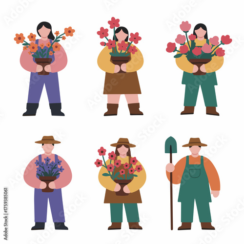 Flat Illustration of Diverse Women and Man Gardener with Flowers Collection