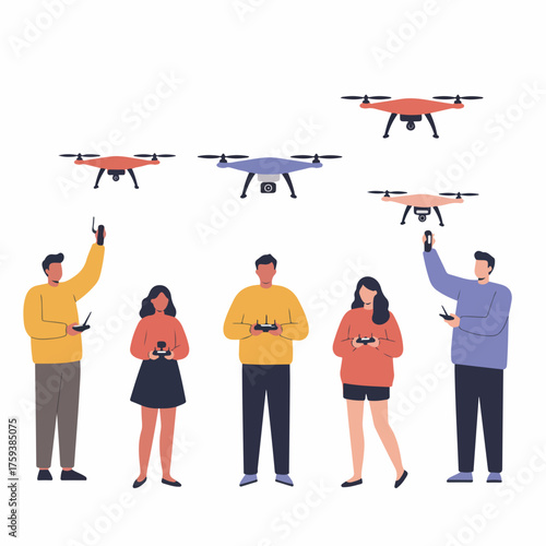 Flat Illustration Crowd Controlling Drones with Remote Control Device People