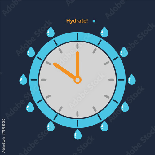 A clock face with water droplets around the perimeter, reminding the viewer to hydrate.