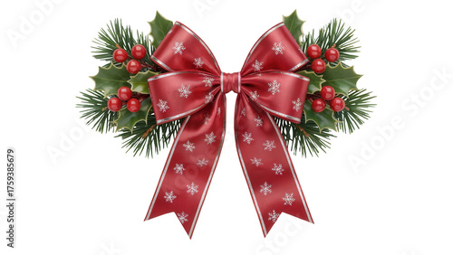 Elegant red christmas bow adorned with holly berries and pine needles isolated on transparent background