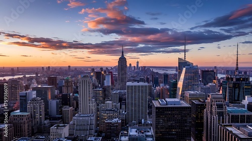 City skyline with famous landmarks glowing under sunset light, clean professional composition, modern urban architecture photography